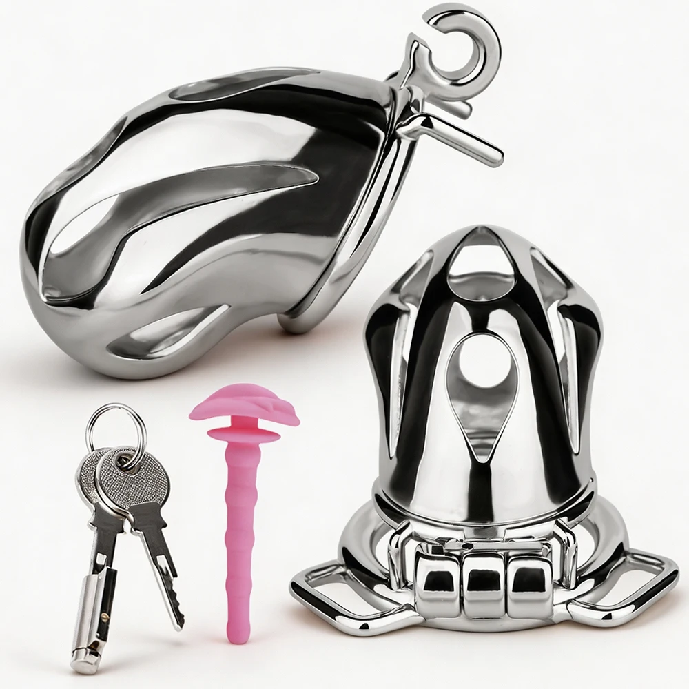 LEZEE Bend Male Chastity Cage Imitation Penis Cages Urethra Locking Rings Bondage Device With Clitoris Tube Sissy Cockrings