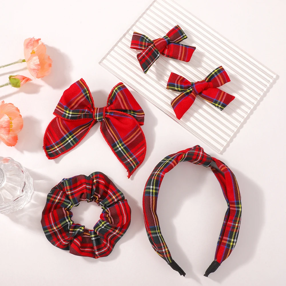 Schottisches rot kariertes Haar-Accessoire-Set, Stirnband, Haarspange, 5-teiliges Set, blau kariertes modisches Haar-Accessoire