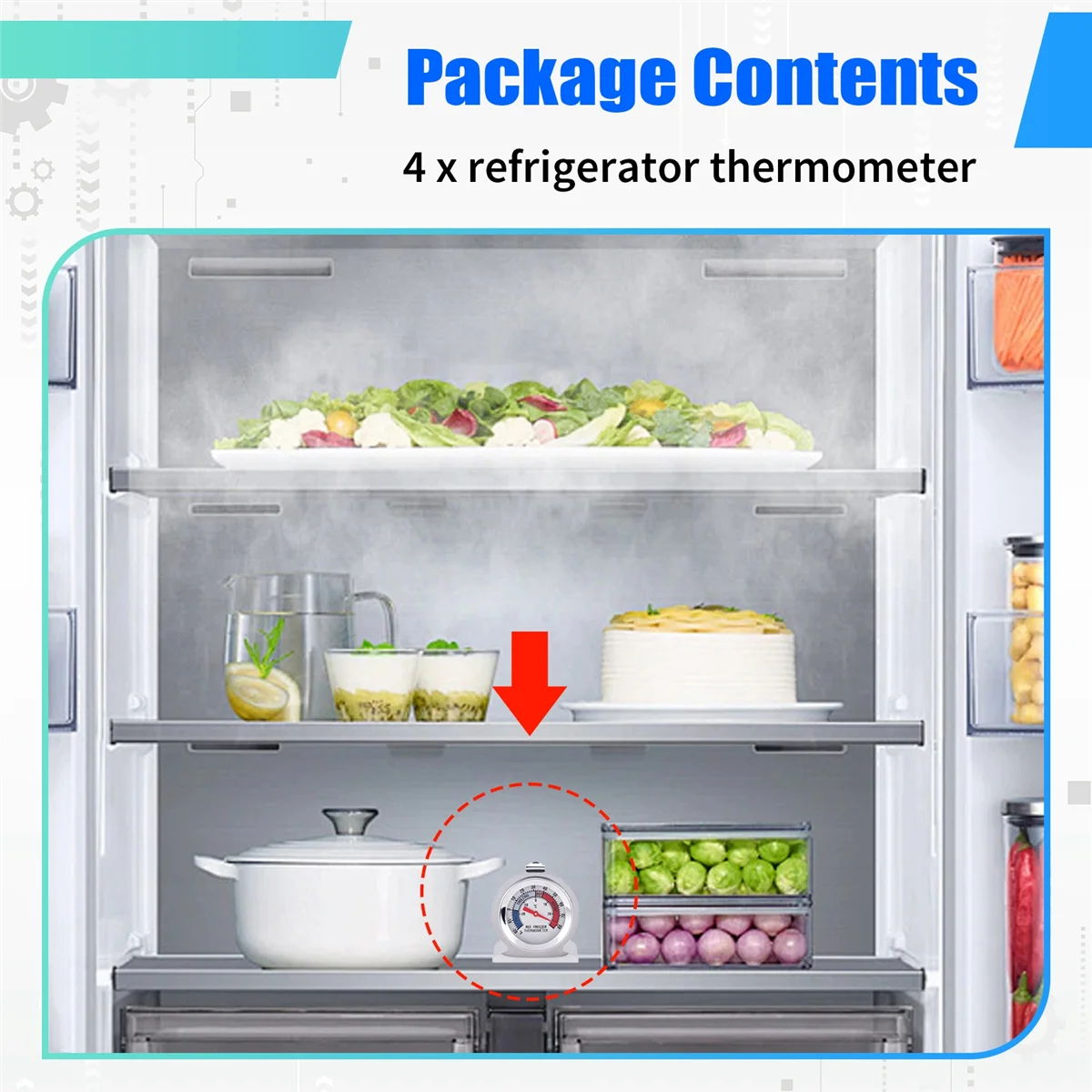 N98R 4Pc 냉장고 온도계, 빨간색 표시기 온도계 포함 냉동고 냉장고 쿨러(걸이 후크 및 스탠드 포함)