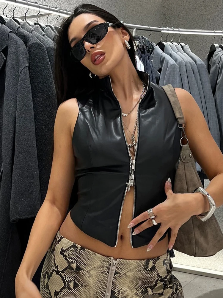 Weird Puss Solid Faux Leather Crop Vest Women Fashion Double Zipper Sleeve Autumn Locomotive Wind Stretch Wild Basic Streetwear