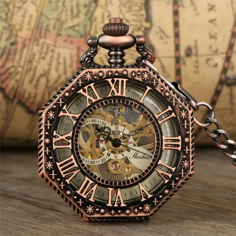 Vintage Red Copper Octagon Design Clock Skeleton Handwinding Mechanical Pocket Watch for Men Women Roman Number FOB Chain
