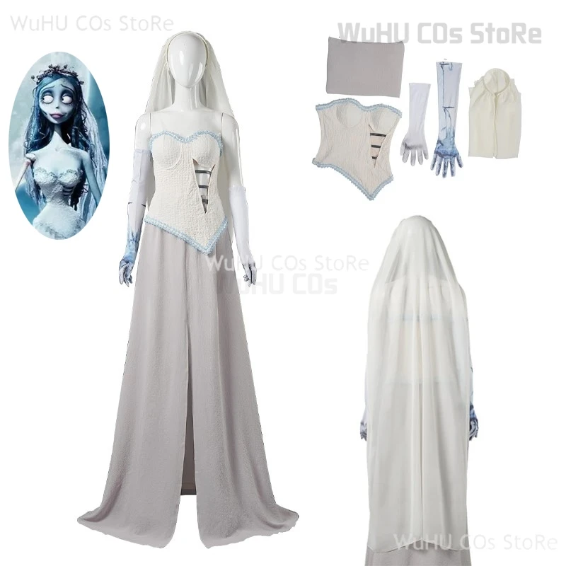 Corpse Masquerade Bride Emily Cosplay Fancy Dress Costume Wig Zombie Ghost Veil Halloween Party Dress Up Women Scary Gothic Suit