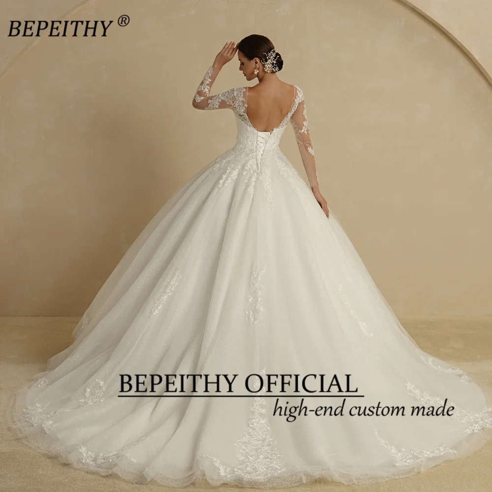 Bepeithy personalizado requintado colher vestido de casamento 2022 para as mulheres mangas completas capela trem vintage caiu renda bola vestido de noiva