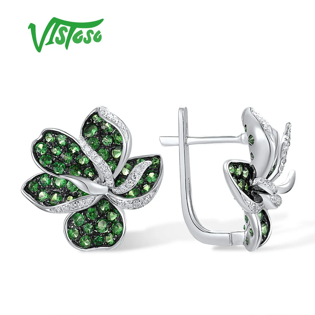 VISTOSO Genuine 14K 585 White Gold Earrings For Women Sparkling Green Garnet Diamond Lily Flower Earrings Elegant Fine Jewelry