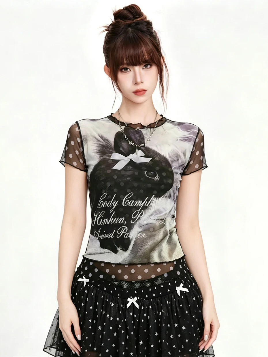 Retro American Polka Dot Mesh Letter Splicing Rabbit Short Sleeve T Shirt Women Summer Semi Transparent Sexy Top Fake Two-Piece