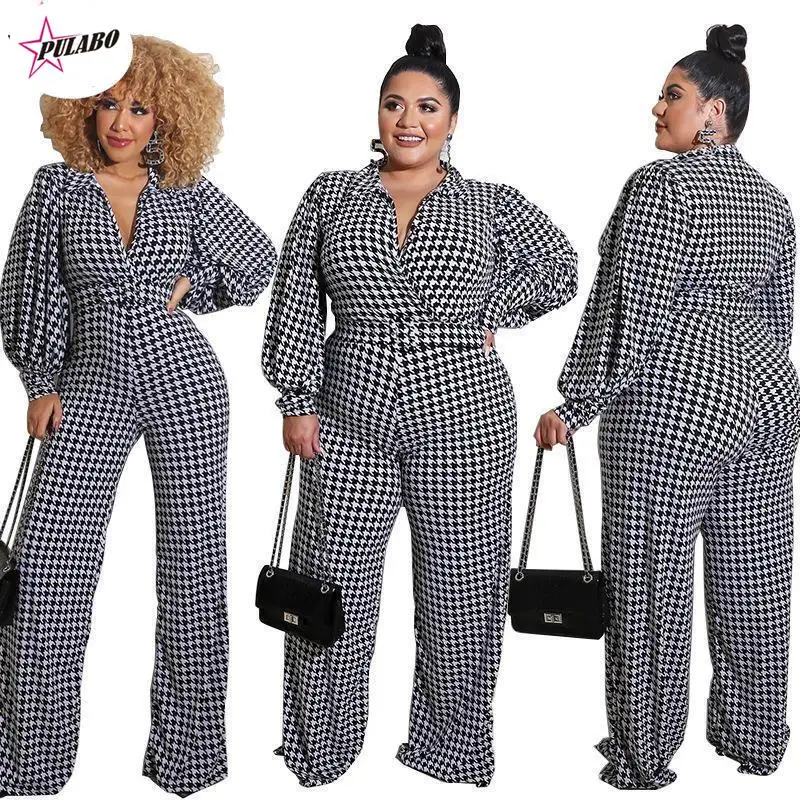 

PULABO Jumpsuits Women Lapel One Piece Romper Elegant Bird Lattice Straight Trouser Jumpsuit With Sash Wholesale Dropshipping