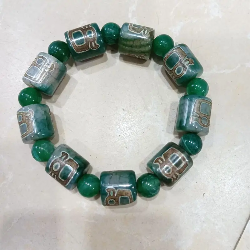 Nature Tibetan Dzi Bead Bangle Bracelets Green Chalcedony Magical Amulet Churinga Bless Talisman