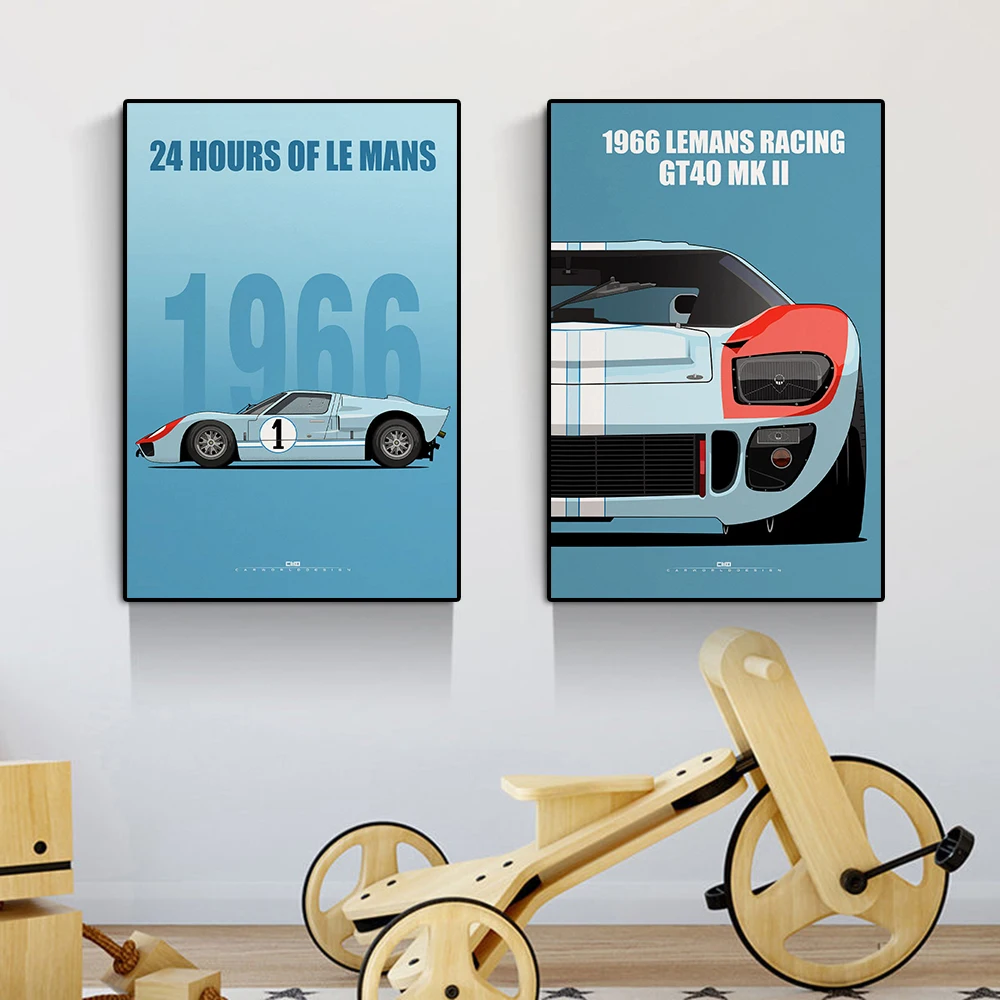 1966 Lemans Racing Ford GT40 MK2 Poster Print Retro Sports Car Canvas Painting Luxury Supercar Illustrations Wall Art Room Decor