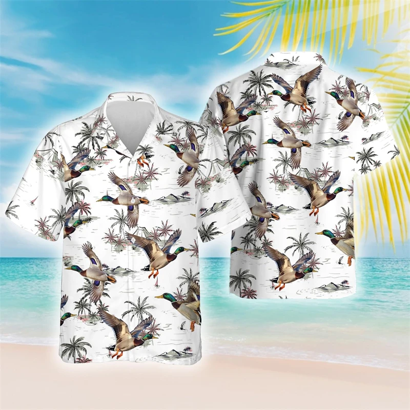 Hunting Mallard Graphic Shirts For Men Clothes Casual Duck Lapel Blouse Hawaiian Male Short Sleeve Blouses Women Button Tops