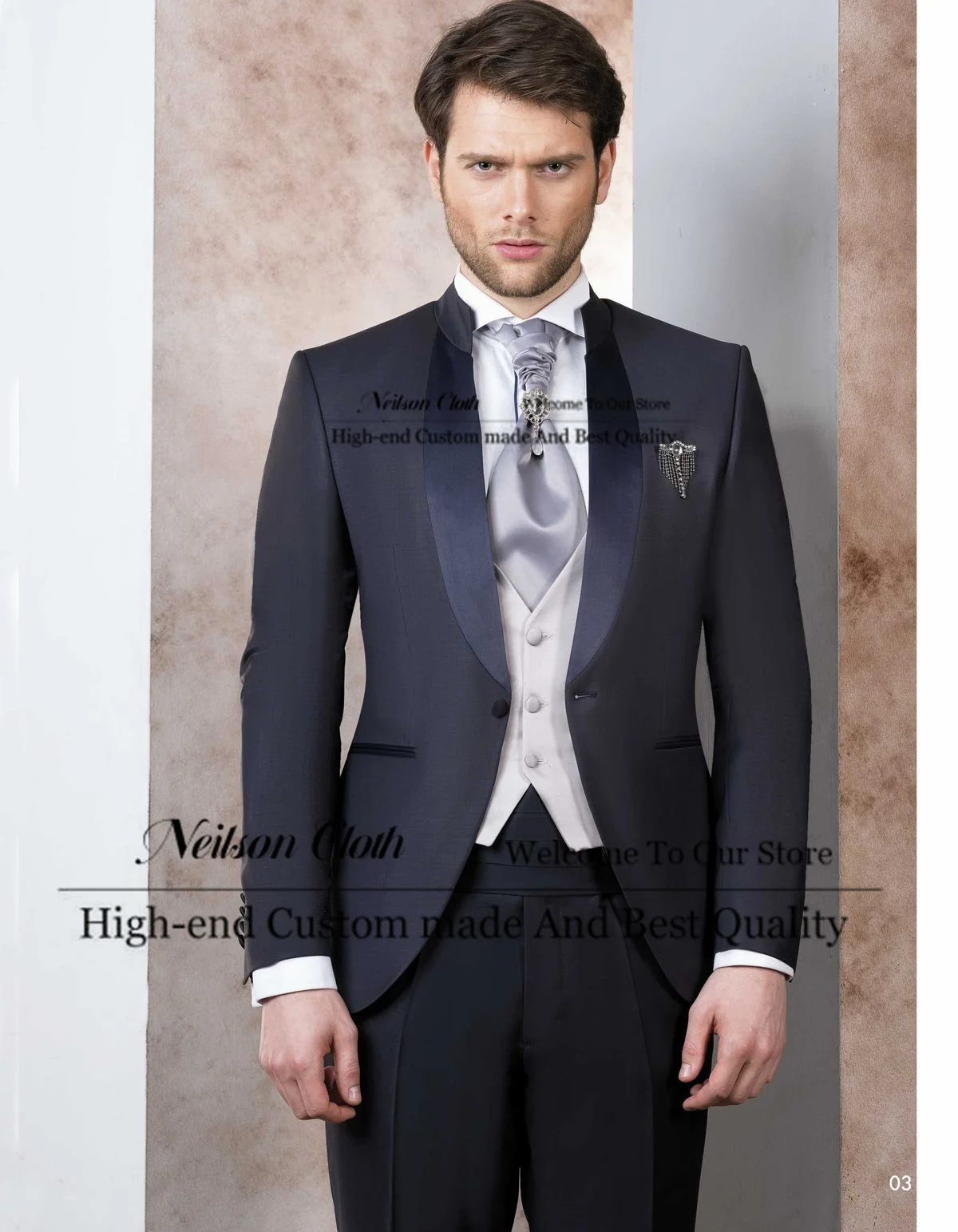 

Formal Navy Blue Male Prom Blazers 3 Pieces Sets Stand Collar Groom Wedding Tuxedos Customized One Button Terno Masculino