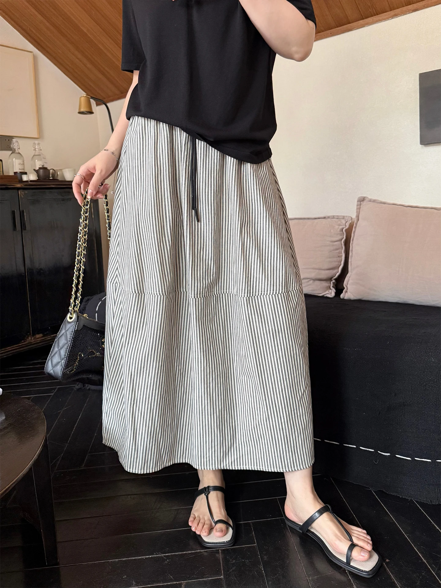 

Юбка миди А-силуэта для женщин больших размеров с высокой талией, эластичным поясом, в полоску, повседневный стиль, хлопковая ткань, летняя коллекция