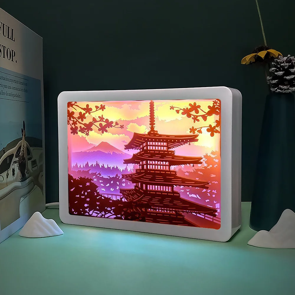 Japanese Pagoda Anime Light Box Paper Cut Light Box Led Light Anime Shadow Box Wall Art Lamps For Room Decoration Brthday Gift