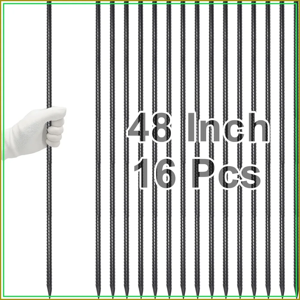 

48-Inch Heavy Duty Steel Rebar Stakes, 16-Pack with Chisel Point for Concrete Forms, Plant Support & Garden Edging