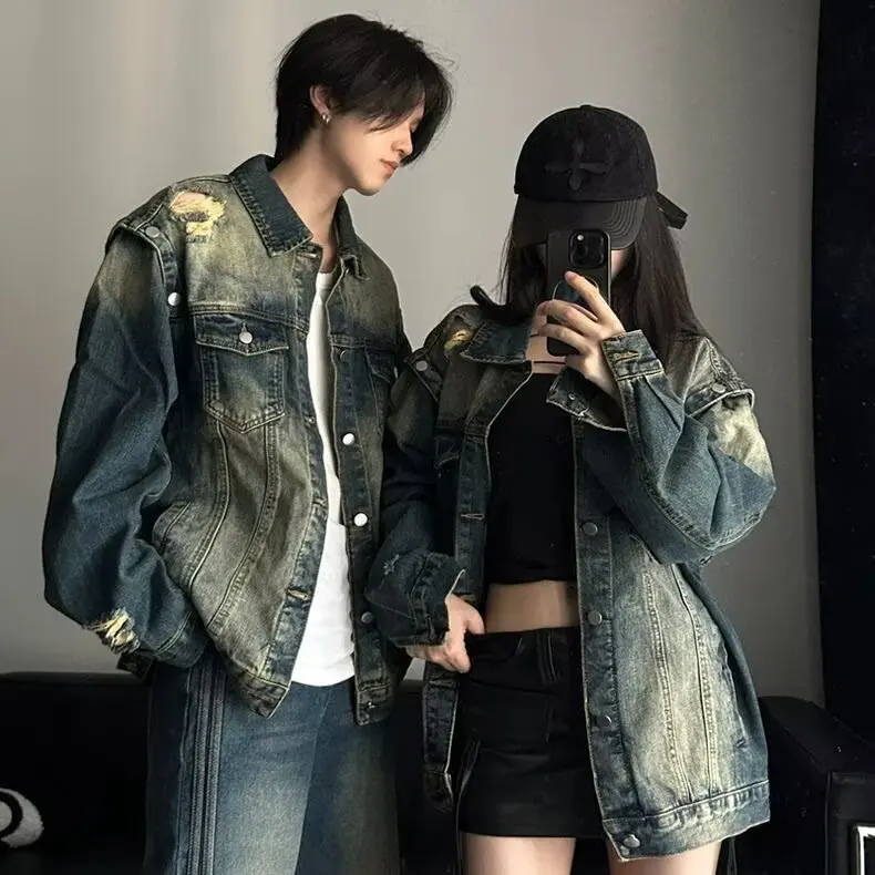 

Retro American Hole Denim Jaet Men's Casual Spring Autumn New Couple's Jaet High Street Loose Trendy Casual Top