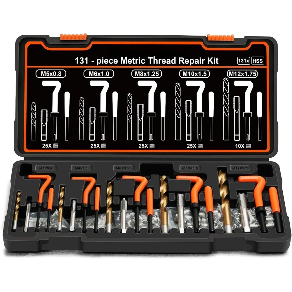 

131PCS Metric Thread Repair Kit, Helicoil Set with HSS Drill Bits & 304 Stainless Steel Thread Inserts for Automotive Repair