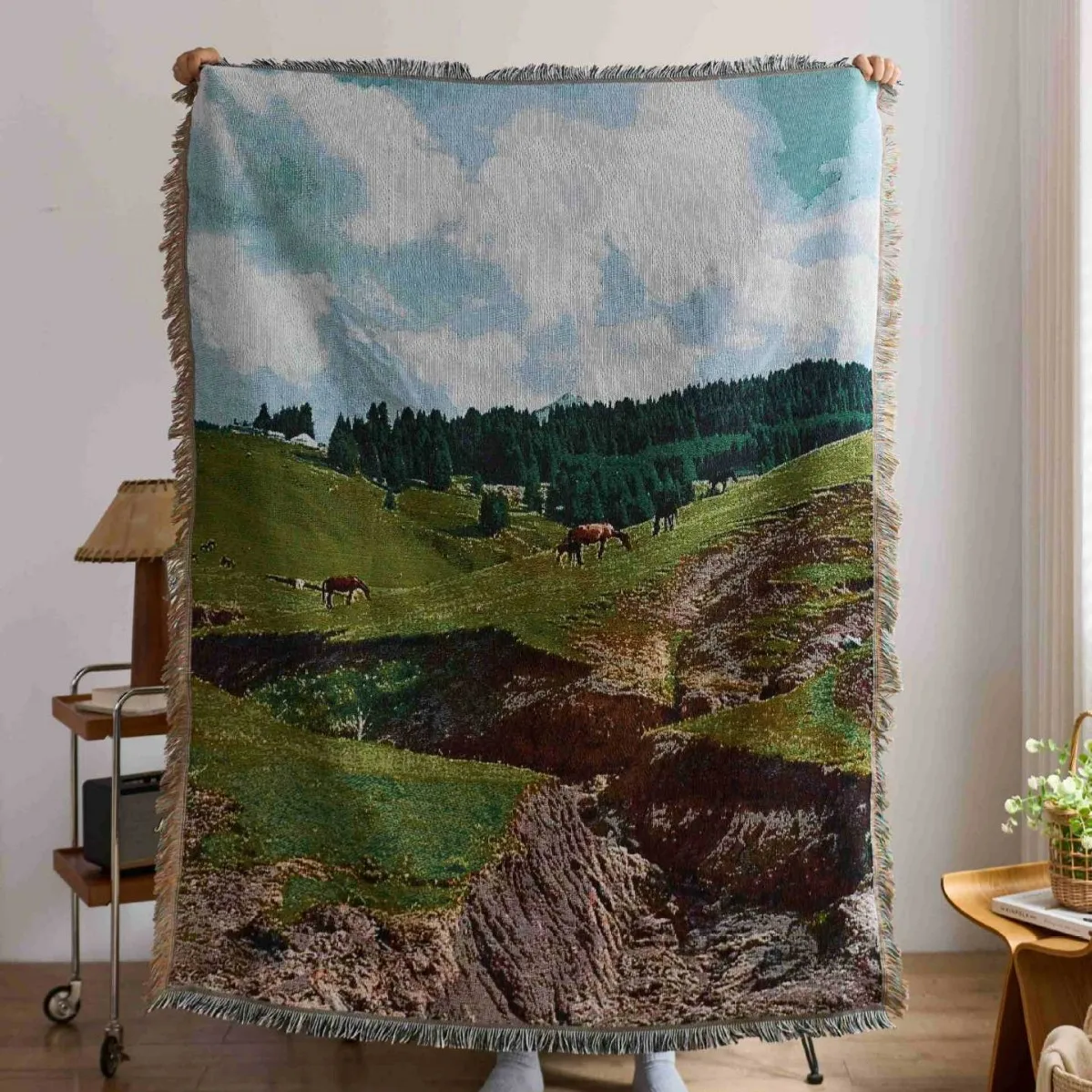 Rural Mountain Valley Horse Throw Blanket Scenic Pastoral Meadow Woven Tapestry with Fringe Nature Inspired Decorative Throw