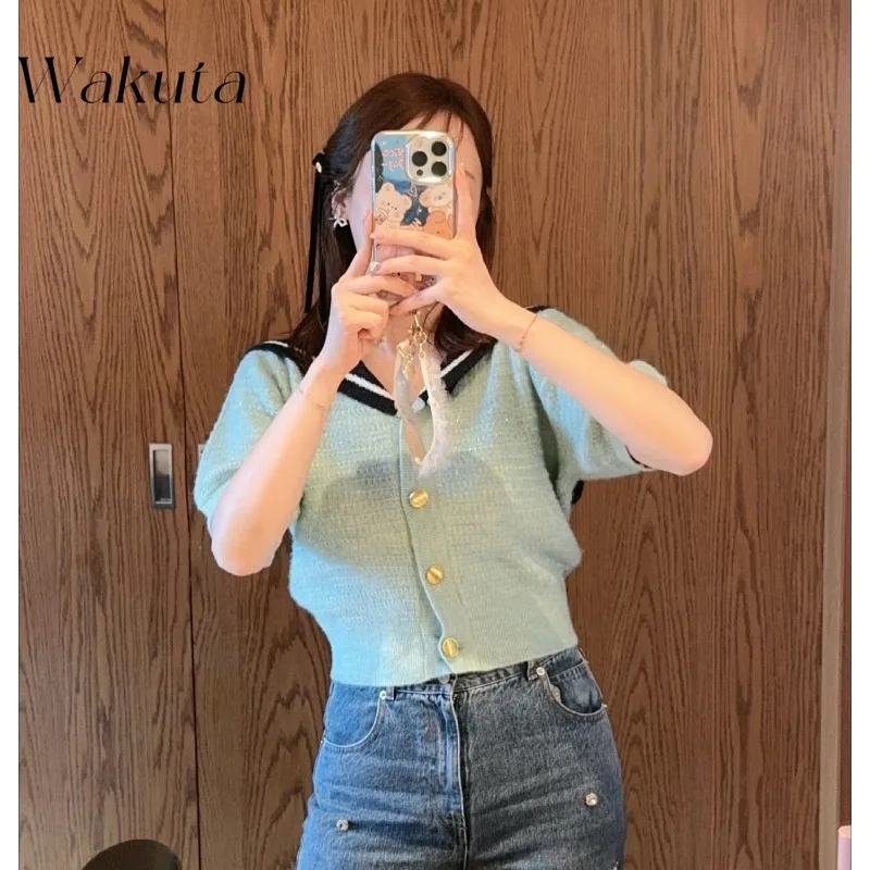 

WAKUTA Vintage Japanese Summer Polo Collar Knit College Style Short Sleeved Single Breasted Knit Tops Poleras De Invierno Mujer