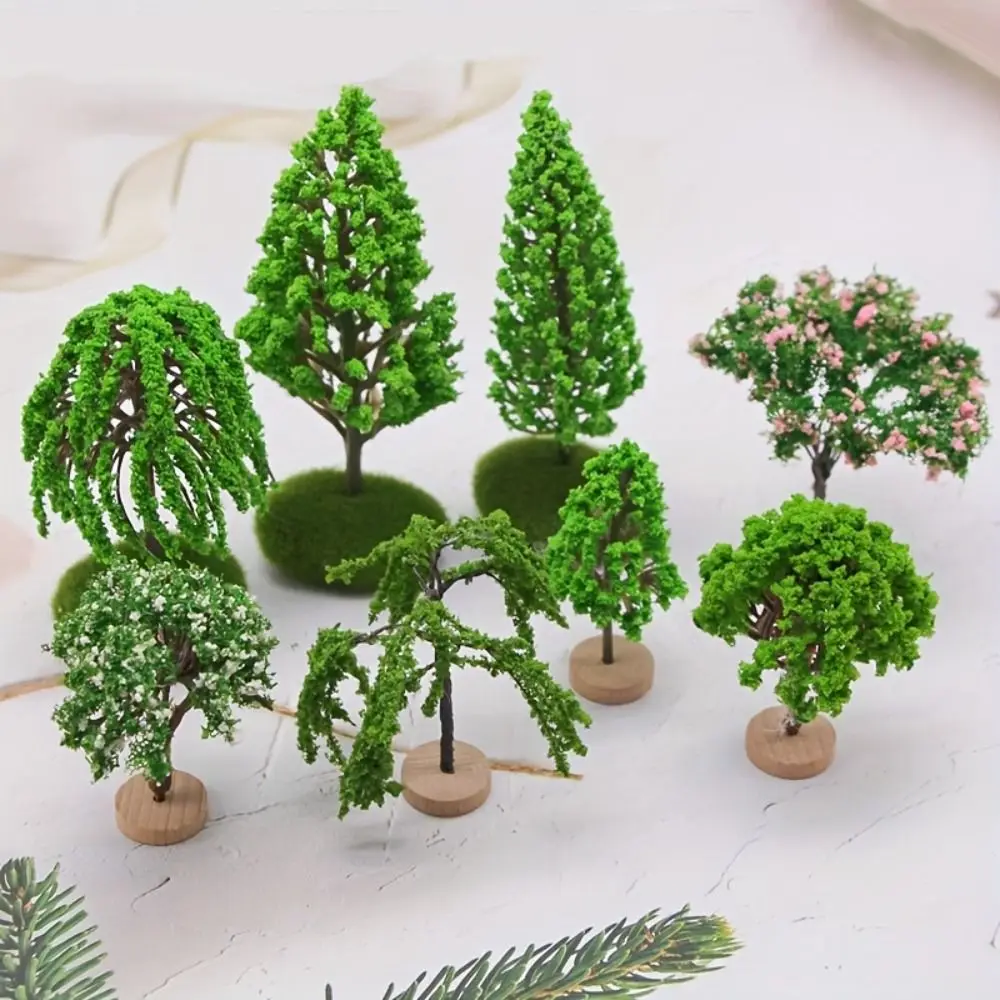 Artificial Moss Rocks/Wooden Base Model Trees Simulation Plastic Dollhouse Mini Tree Natural Green Bonsai Figurine