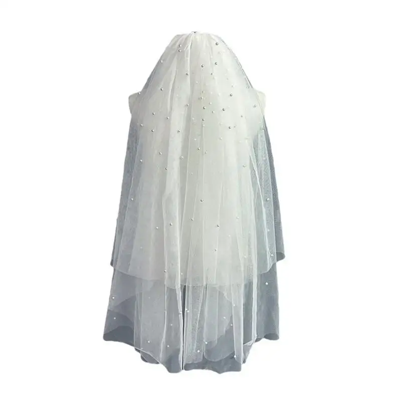 

A52E Tulle Sheer Bridal Veil with Pearls Detail and Hair Comb for Wedding Celebration