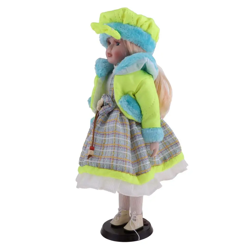 Lovely Girls Porcelain Doll With Wood Display Stand Green Coat 40cm