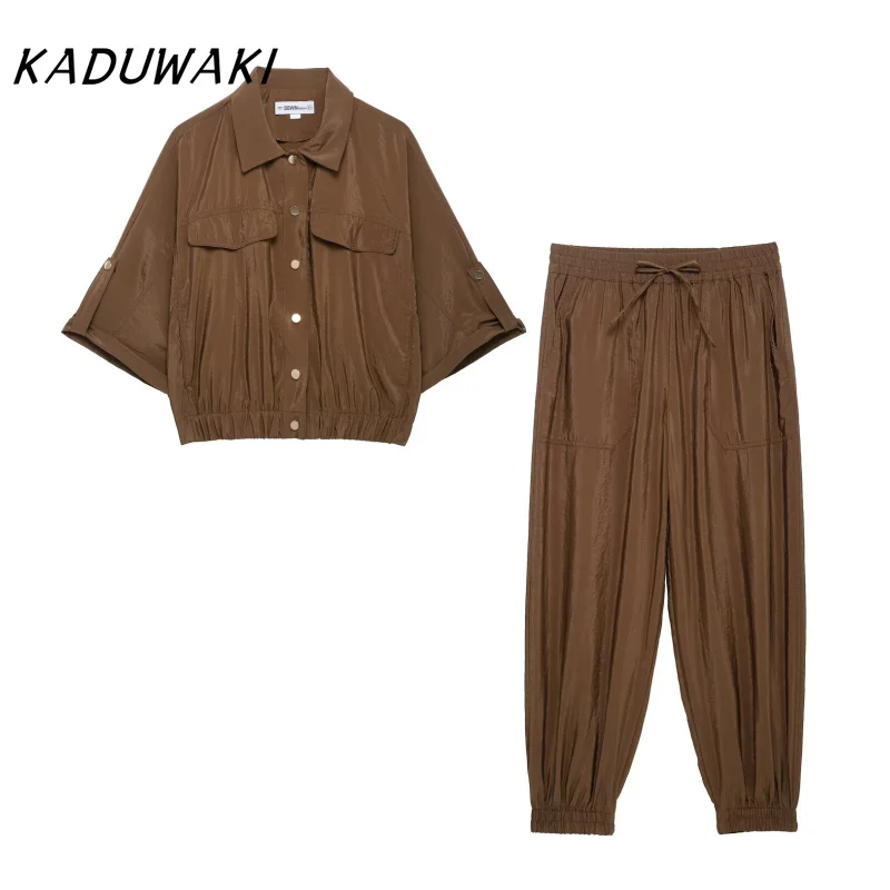 

KADUWAKI Summer New Women's Fashion Short Sleeve Shirt Casual Set Short Sleeve Hunting Set Shirt Leg Closure Pants 2 Piece Sets