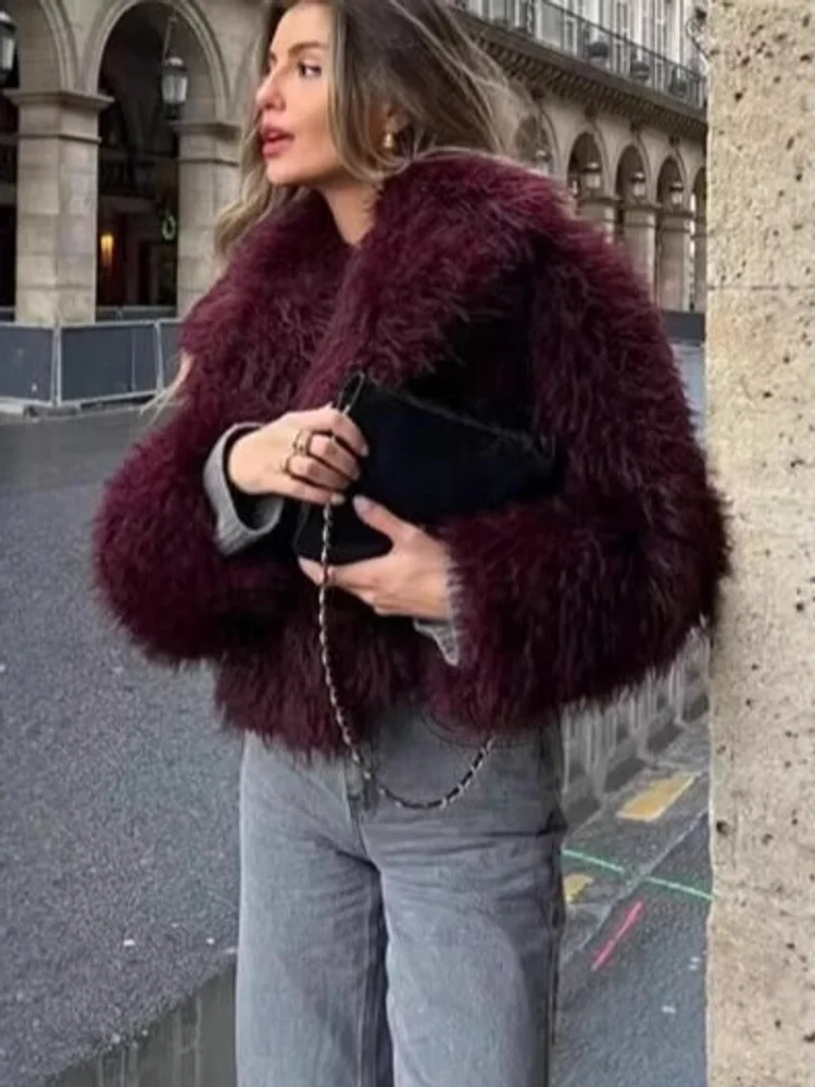 أنيقة عصرية بورجوندي فو الفراء للنساء شتاء دافئ الراقية التنقل مزاجه قصيرة بسيطة ملابس خارجية مريحة
