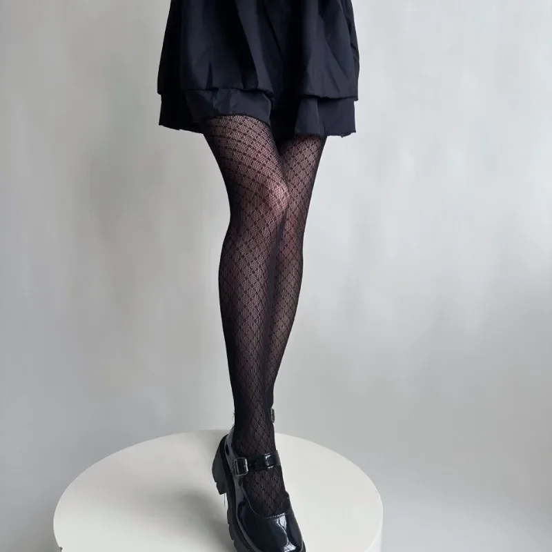 New Women's Sexy Grid Stockings Rhombus Dotted Line Pattern Mesh Fishnet Tights High-Stretch Spicy Girl American Retro Pantyhose
