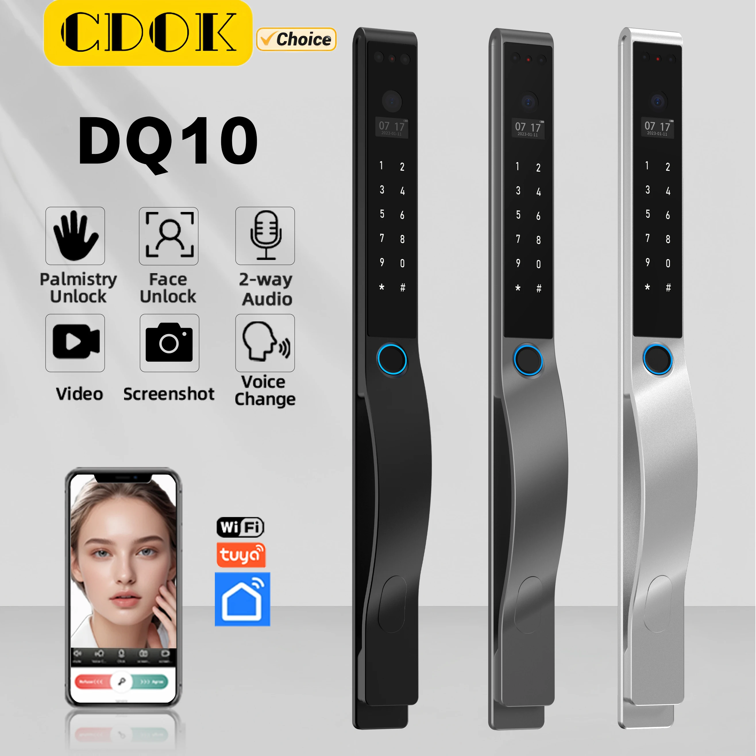 CDOK New DQ10 TuyaWiFi Smart Lock, with Visual Cat Eye, Remote Intercom, Face/Palmprint Unlocking, IP66 Waterproof