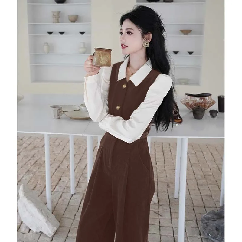 Nuova moda coreana autunno tuta da donna finta in due pezzi elegante vita sottile bavero manica lunga pantaloni dritti tute eleganti