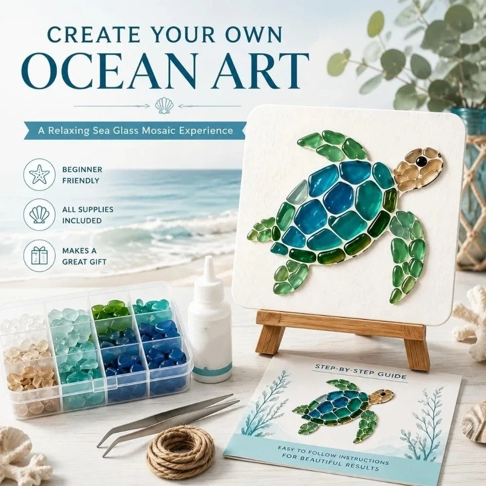 Colorful Glass Pieces Ocean DIY Sea Glass Art Kit Ocean Inspired Sea Creature Animal Shaped Crushed Glass Art Wooden‑Easel