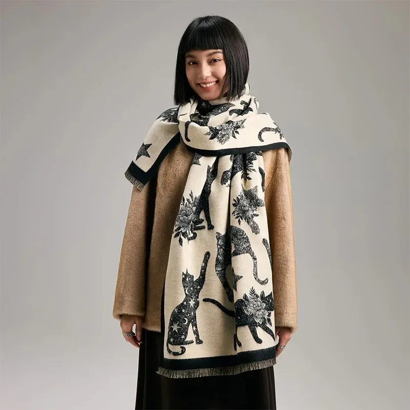 

Осень и зима, новый японский и корейский женский шарф с силуэтом кота, натуральное звездное небо, загадочный женский шарф из искусственного кашемира