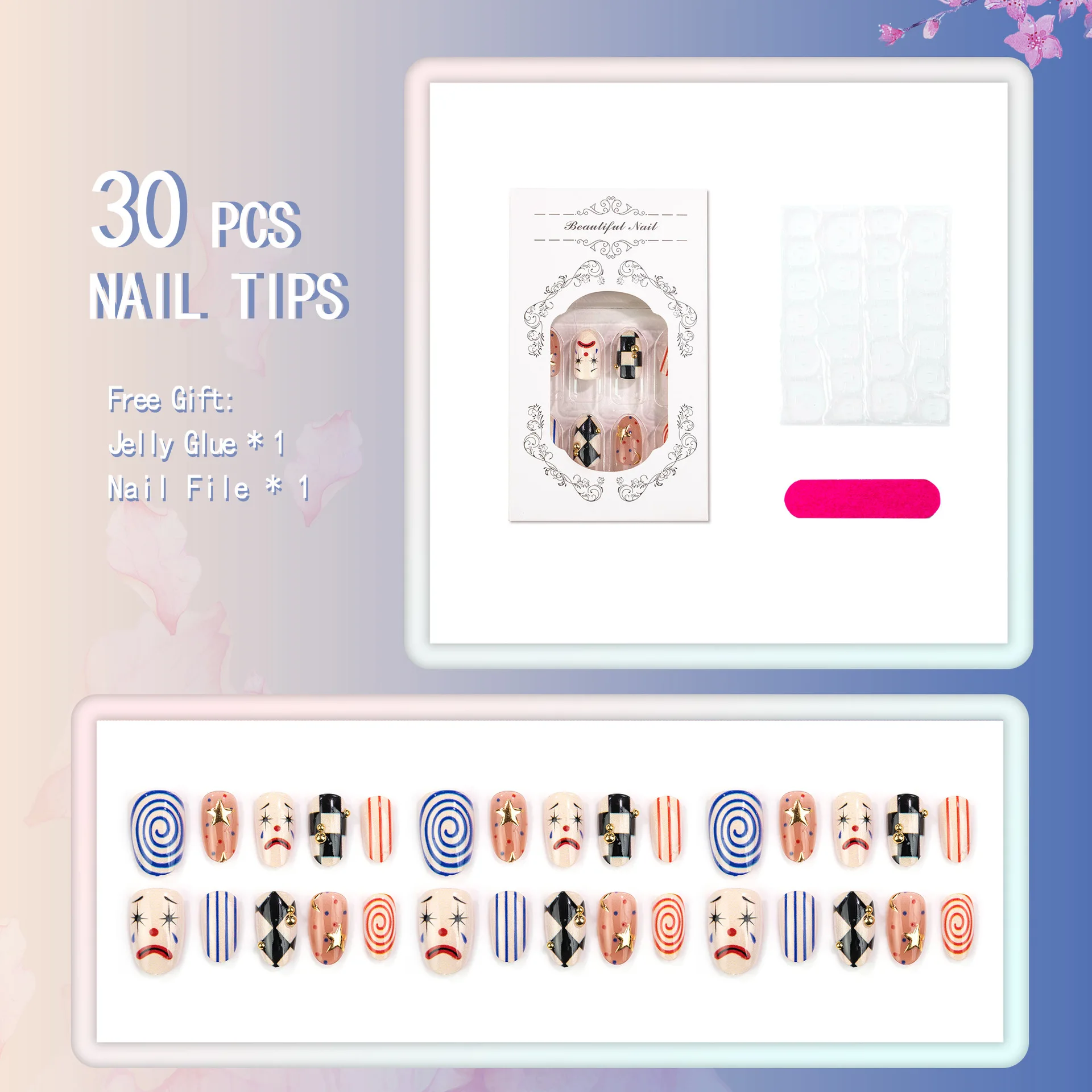 30pcs Handmade Short Round Press On Nails Sad Clown Face Spiral Stripe Fake Nail Star Metal Charm False Nail for Women&Gril