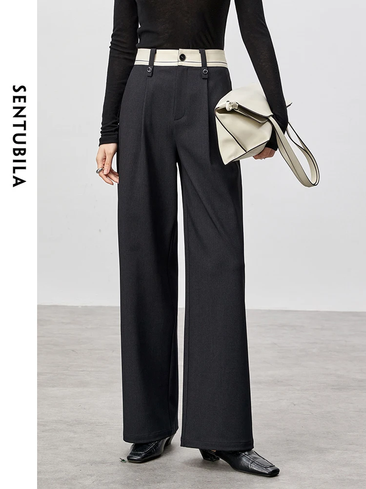 

SENTUBILA Women Straight Spliced Pants 2024 Autumn High Waist Folds Wide Leg Pant Office Lady Texture Trousers 143K55709