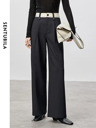 SENTUBILA Women Straight Spliced Pants  2024 Autumn High Waist Folds Wide Leg Pant Office Lady Texture  Trousers 143K55709