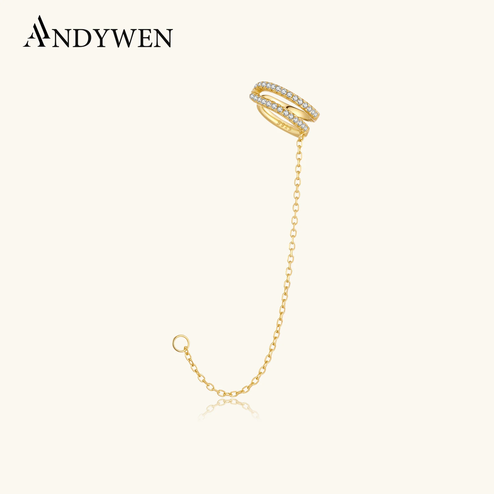 

ANDYWEN 925 Sterling Silver Long Chain Ear Cuff No Piercing Earring 1PCS Zircon CZ Women Fashion Chic Party Jewelry Gift