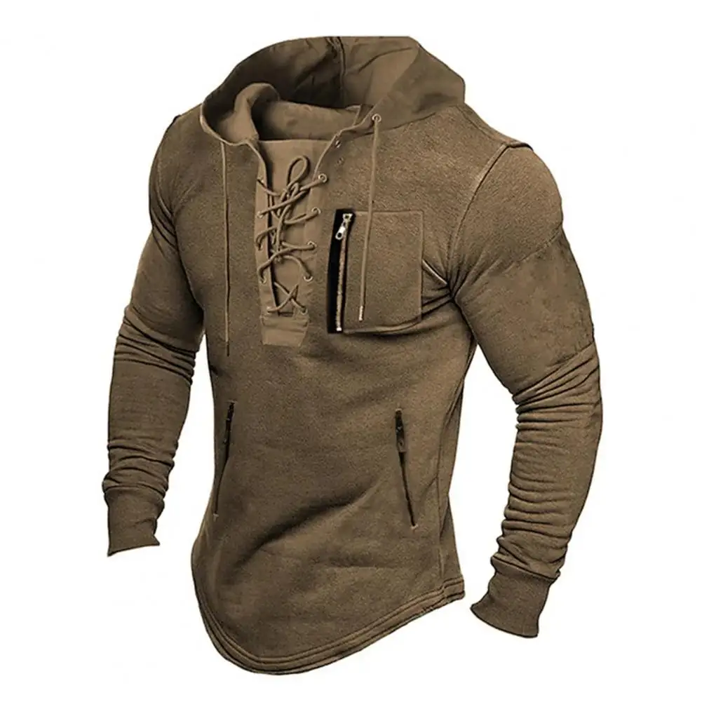 Men Fall Spring Top Lace Up Drawstring Solid Color Long Sleeve Zipper Pockets Pullover Streetwear Soft Breathale Men Mid Length