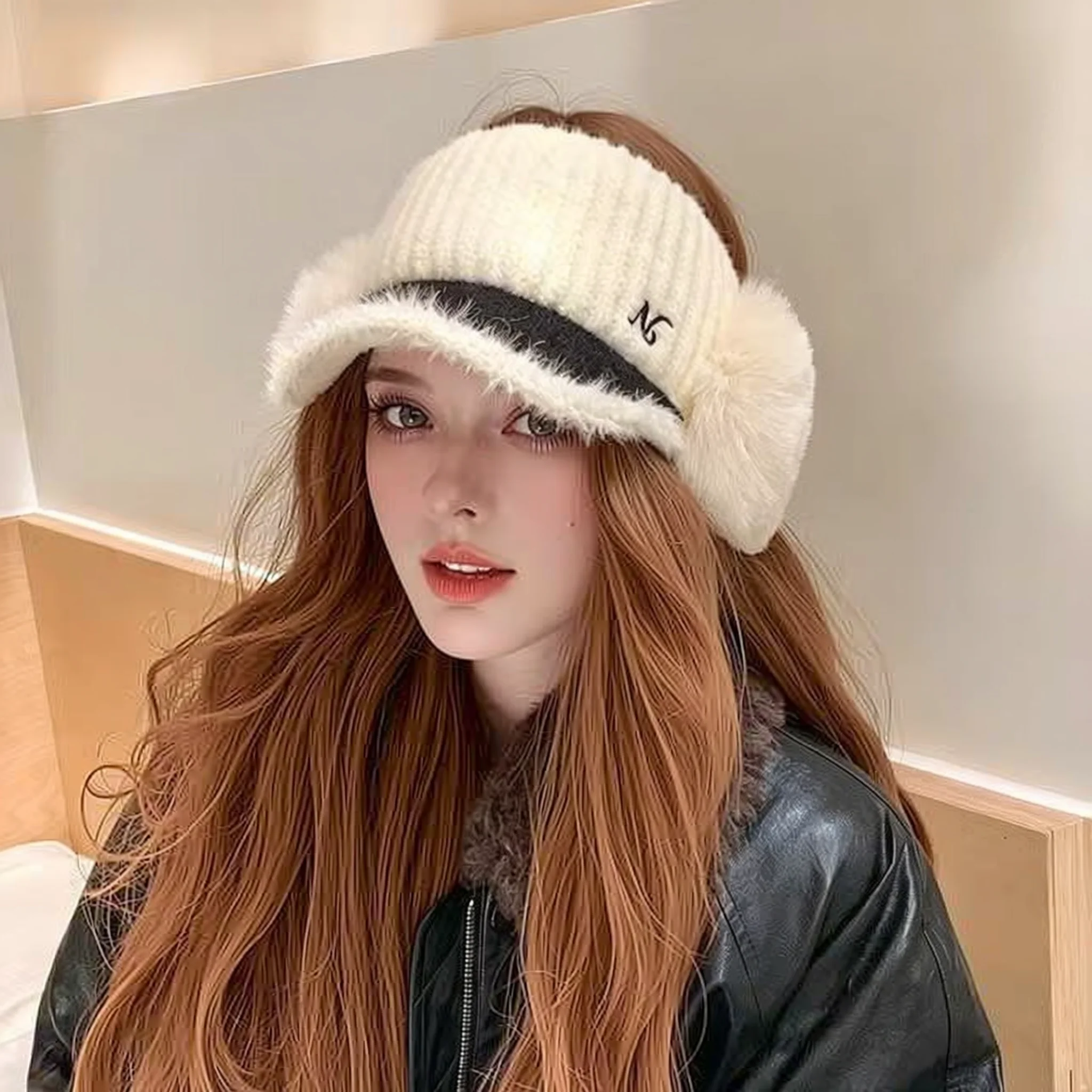 Knitted Ear Flap Open Top Cap, Autumn Winter Thickened Windproof Warm Woolen Baseball Hat, Casual Hat for Women Daily Outdoor