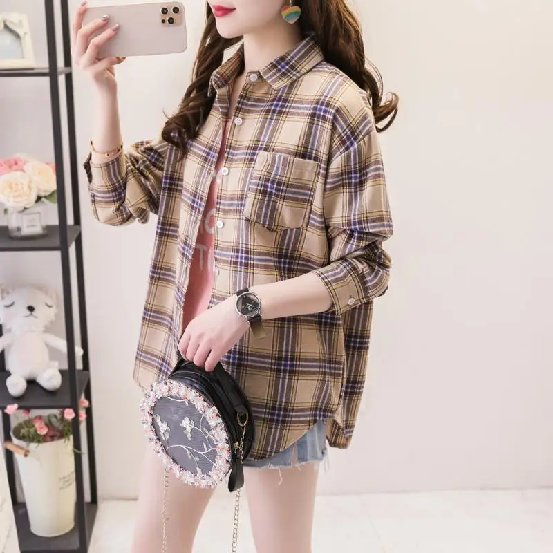 Women\'s Autumn Fashion Simplicity Plaid Long Sleeve Shirts Women Clothes Casual Loose All-match Temperament Elegant Tops