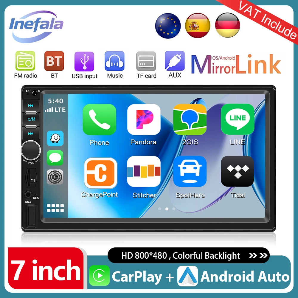 Podofo 7-calowy Bezprzewodowy CarPlay Android Auto Odtwarzacz Multimedialny Samochodowy Uniwersalny Radio Samochodowe 2 Din FM BT Ekran Dotykowy MP5 Stereo