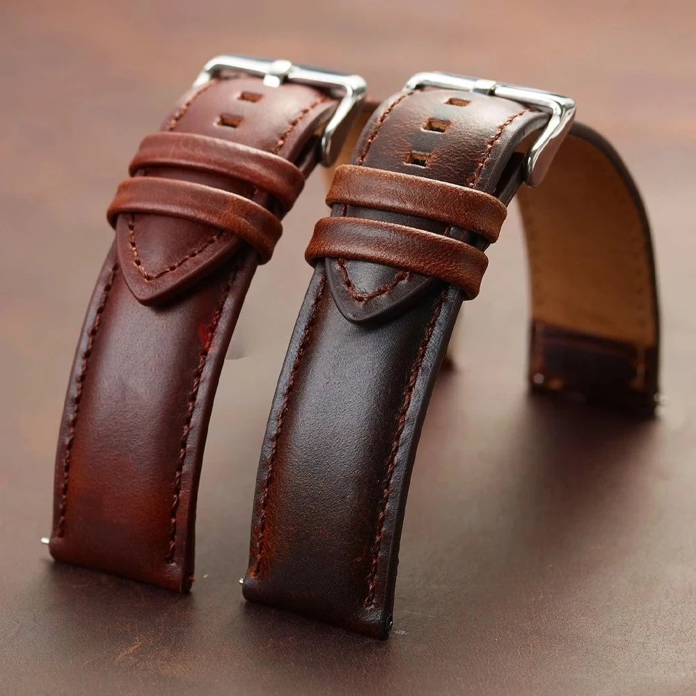الذهب دبوس مشبك العالمي خمر جلد البقر حزام ساعة اليد البني رئيس طبقة جلد البقر حزام الساعات اكسسوارات 18/20/ 22/ 24/26 مللي متر 2026