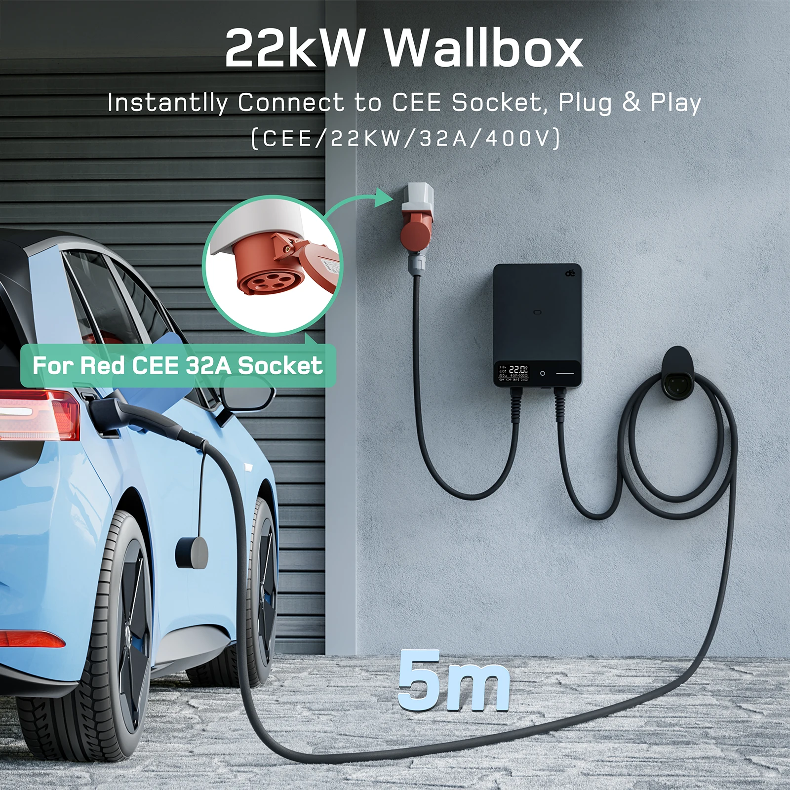 dé Wallbox 22kW with Electricity Meter 3-phase 400V Home charging station 5m 7.5 m Charging Cable CEE to Type 2 EV charger Black