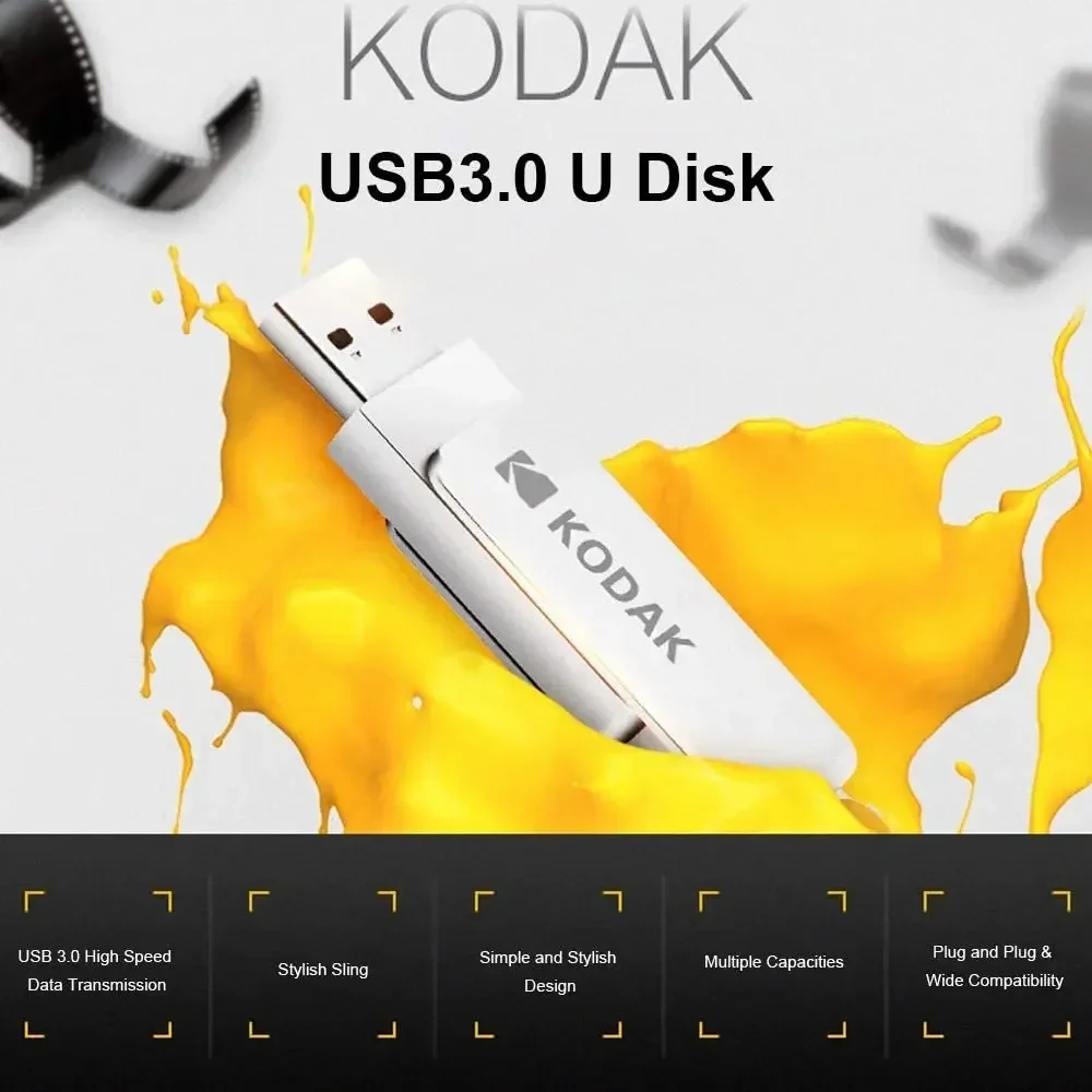 Kodak แฟลชไดร์ฟโลหะ USB3.1 64GB 128GB สายคล้อง256GB ไดรฟ์ปากกาไดรฟ์หน่วยความจำแบบพกพา U Disk รองรับ3D พิมพ์ชื่อของขวัญ