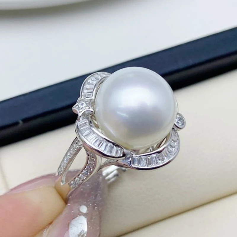 

MeiBaPJ 12-12.5mm Natural Big Freshwater Pearl Flower Ring Real 925 Sterling Silver Fine Wedding Jewelry For Women