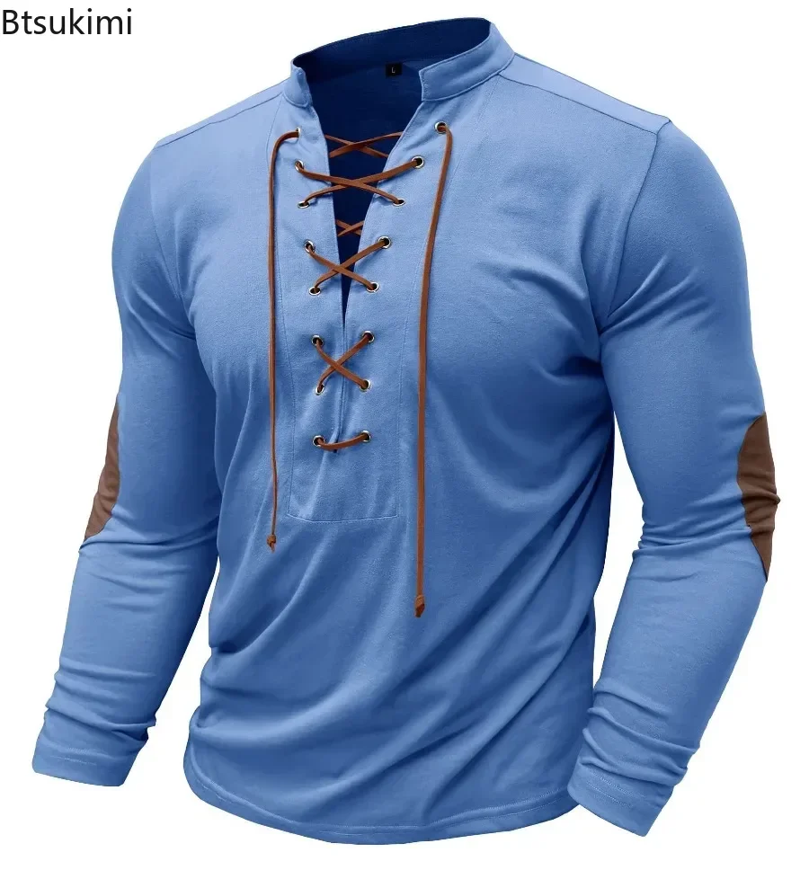 New Men's Lace-up T-shirts Slim Fit V-neck Long Sleeve Sport Tops Muscle Solid Casual Tops Henley-shirt Fashion Retro Basic Tees