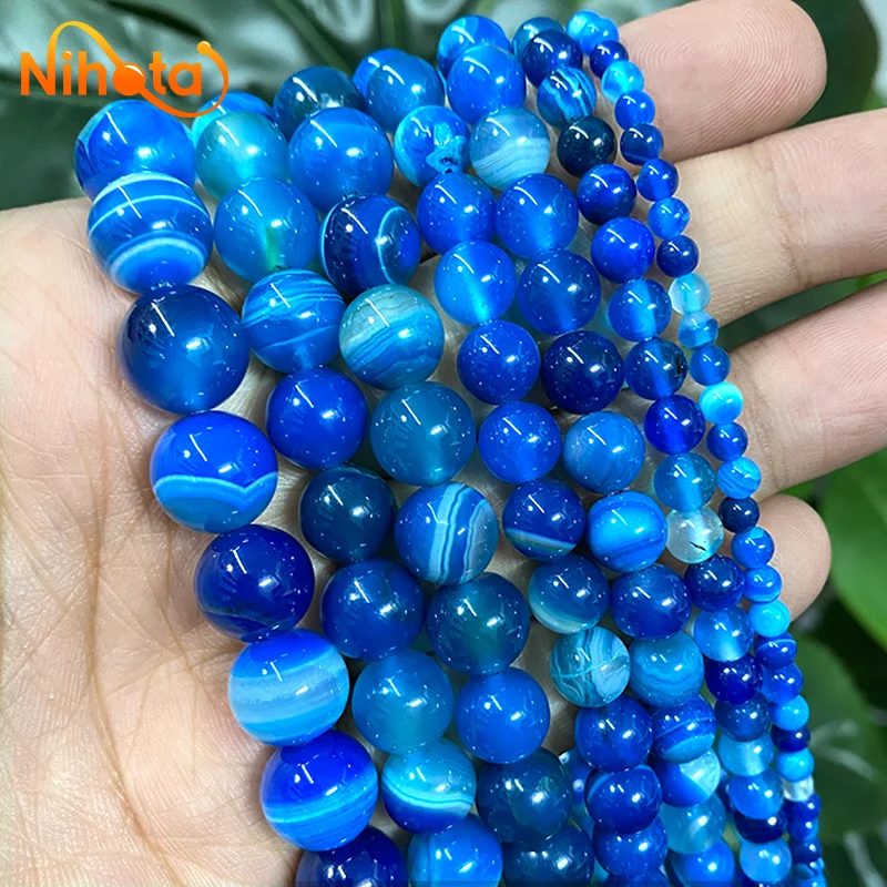 Natural Blue Stripes Agates Round Beads15\