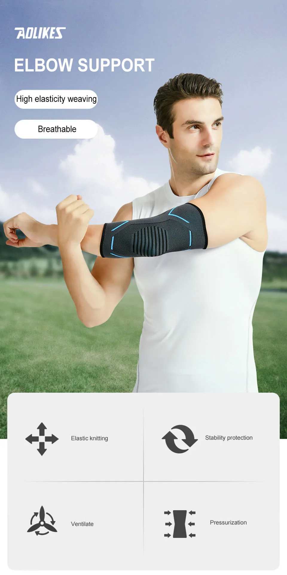 AOLIKES Ellenbogenbandage, Kompressionsmanschette, Armstützhülsen, Unterarm-Schmerzlinderungspads, Hosenträger für Sehnenentzündung, Tennis und Golfer, Ellenbogen – Detail 3