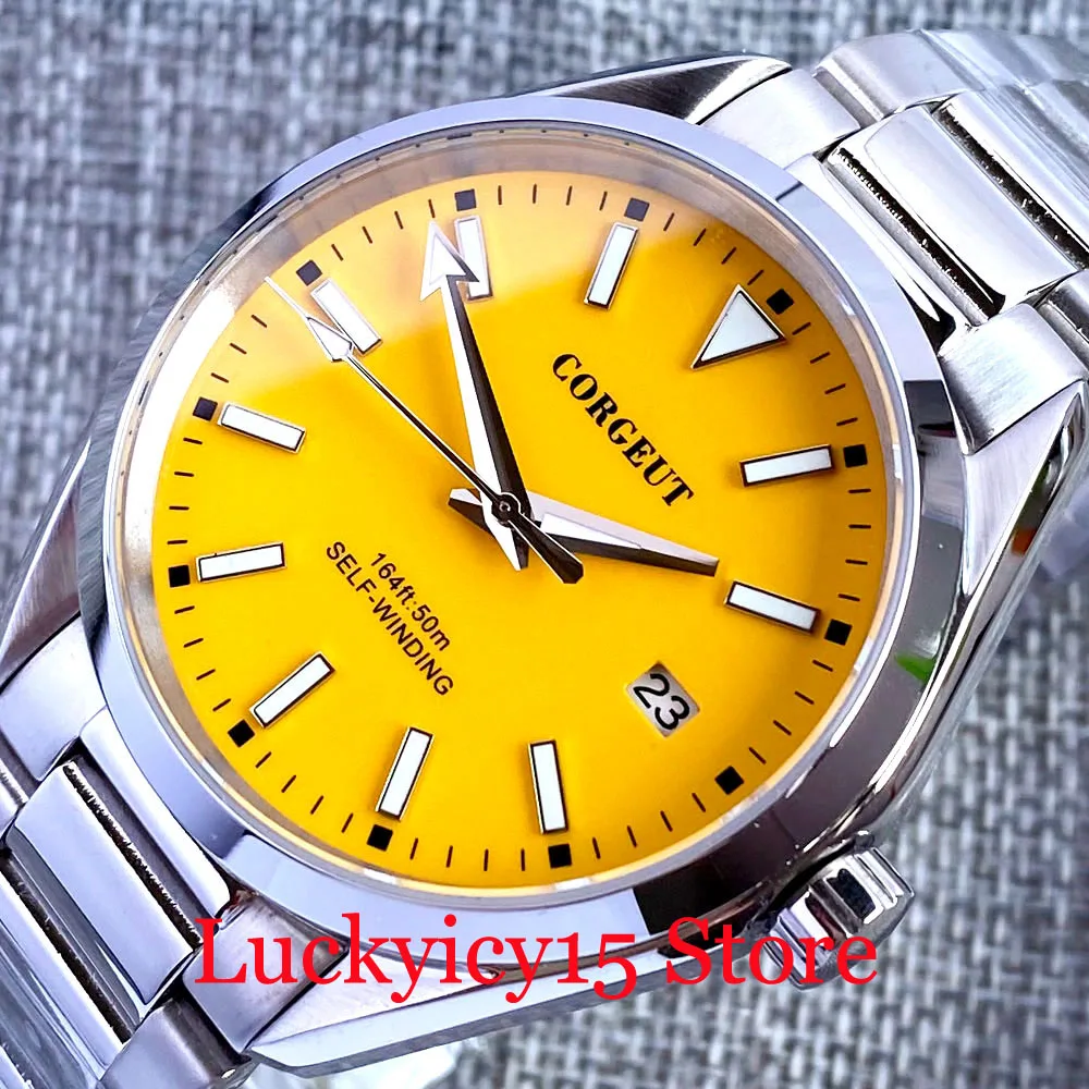 

Corgeut Dress Japan NH35A Selfwinding Men Watch Glass Back Men Watch Yellow Blue Black Green Silver Dial Date