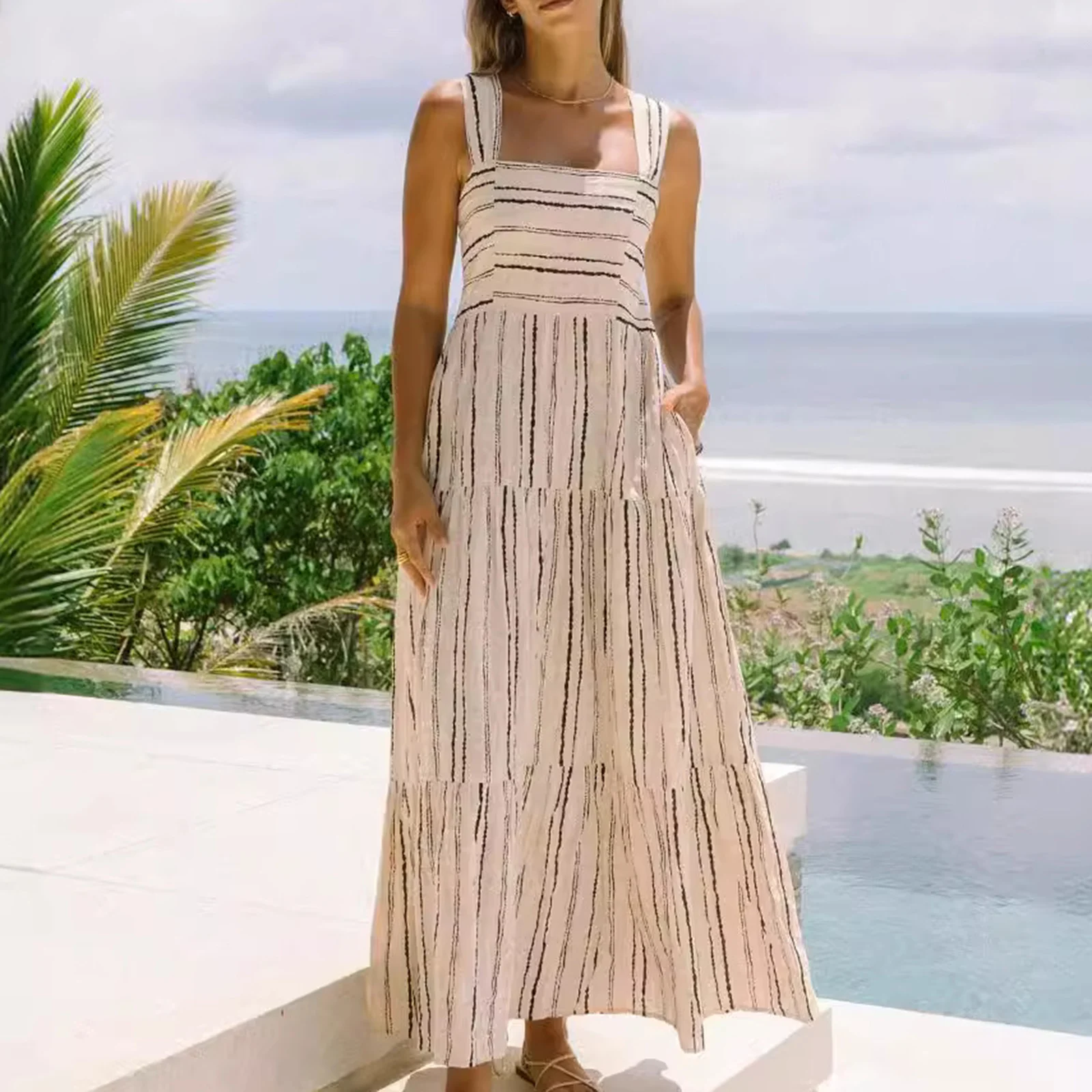 

Women Holiday Beach Sling Long Dress Sleeveless Backless Tie-up Contrast Color Swing Dress Summer Long Dress for Cocktail Party