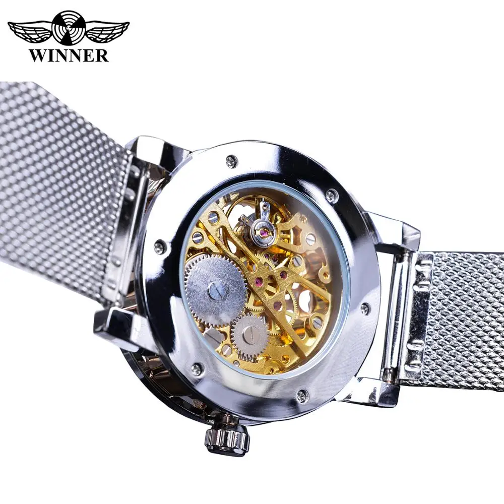 Winner Casual Mechanical Watches For Men Golden Roman Fashion Stainless Steel Belt Mesh Strap Wristwatch Clock Relogio Masculino