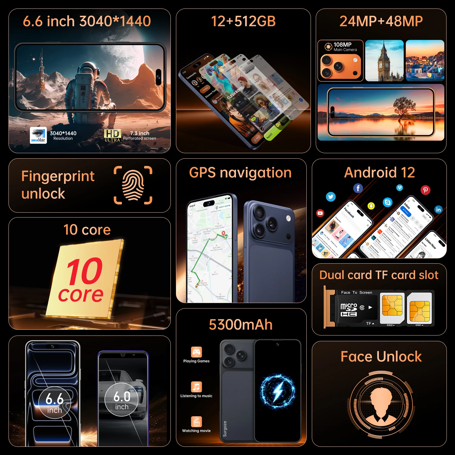 SURGAZE Global Version i17Promax Smartphone 5G Android 5300mAH 12GB RAM 512GB ROM 6.6Inch 24+48MP 5G Network Mobile Phone